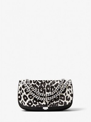 Mini Sacs Michael Kors Christie Leopard Print Calf Hair And Cuir Envelope Femme Noir Blanche | 573019-CID