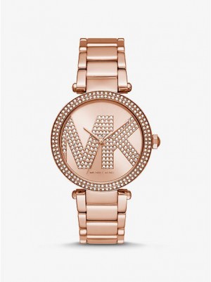 Montre Michael Kors Oversized Pave Logo Femme Rose Doré | 369527-AKS