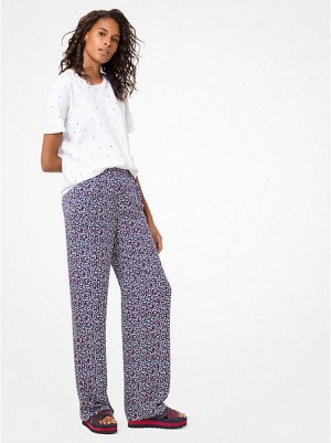 Pantalon Michael Kors Heart-print Silk-georgette Pajama Femme Blanche Bleu Marine | 321960-HNK