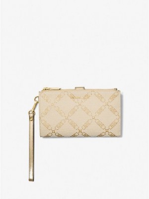 Portefeuilles Michael Kors Adele Metallic Empire Logo Jacquard Smartphone Femme Doré Beige | 291607-EPT