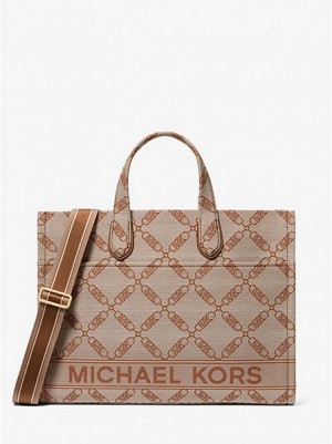 Sacs Fourre Tout Michael Kors Gigi Large Empire Logo Jacquard Femme Beige | 489065-NDS