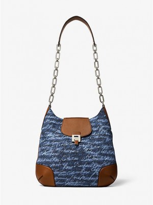 Sacs À Bandoulière Michael Kors Bancroft Oversized Signature Print Denim Femme Bleu | 149807-MNV