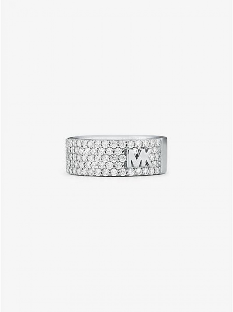 Bague Michael Kors Mott Precious Metal-plated Sterling Silver Pave Logo Femme Argent | 721894-NGM