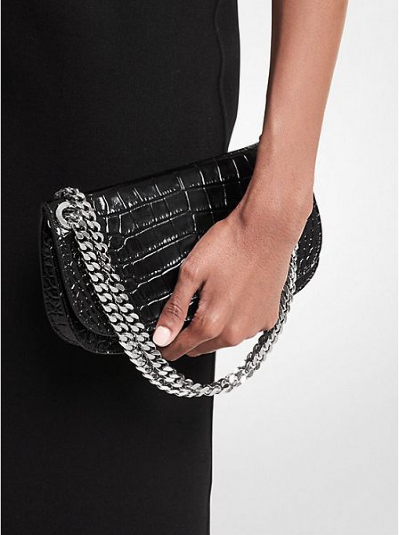 Mini Sacs Michael Kors Christie Crocodile Embossed Cuir Envelope Femme Noir | 913246-RMP