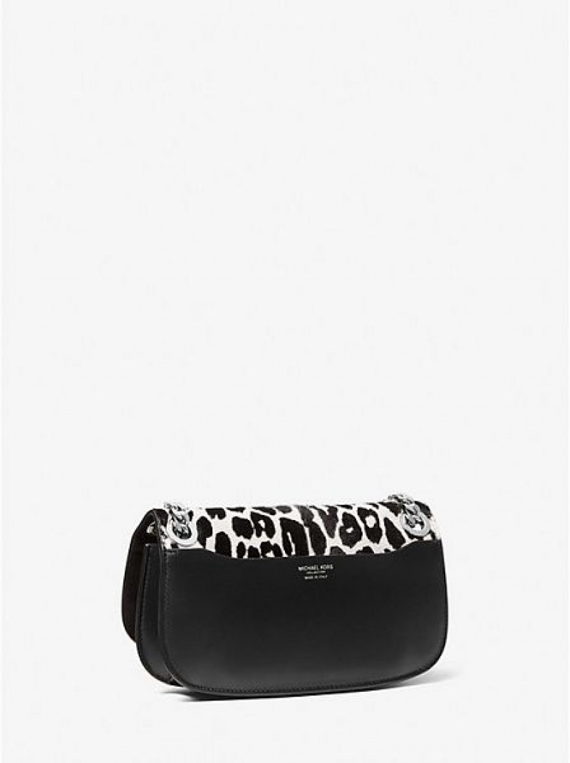 Mini Sacs Michael Kors Christie Leopard Print Calf Hair And Cuir Envelope Femme Noir Blanche | 235160-MIW