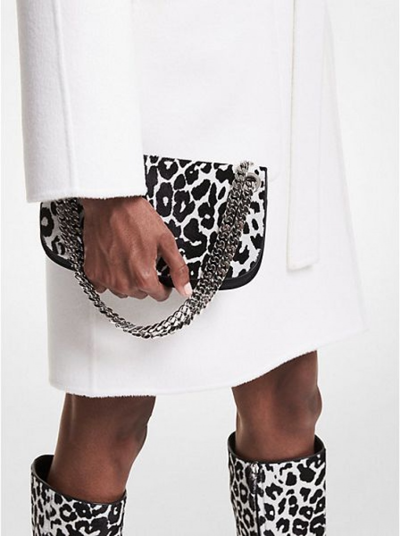 Mini Sacs Michael Kors Christie Leopard Print Calf Hair And Cuir Envelope Femme Noir Blanche | 235160-MIW