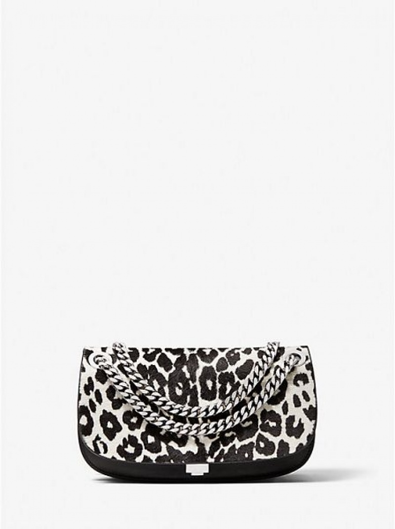 Mini Sacs Michael Kors Christie Leopard Print Calf Hair And Cuir Envelope Femme Noir Blanche | 235160-MIW