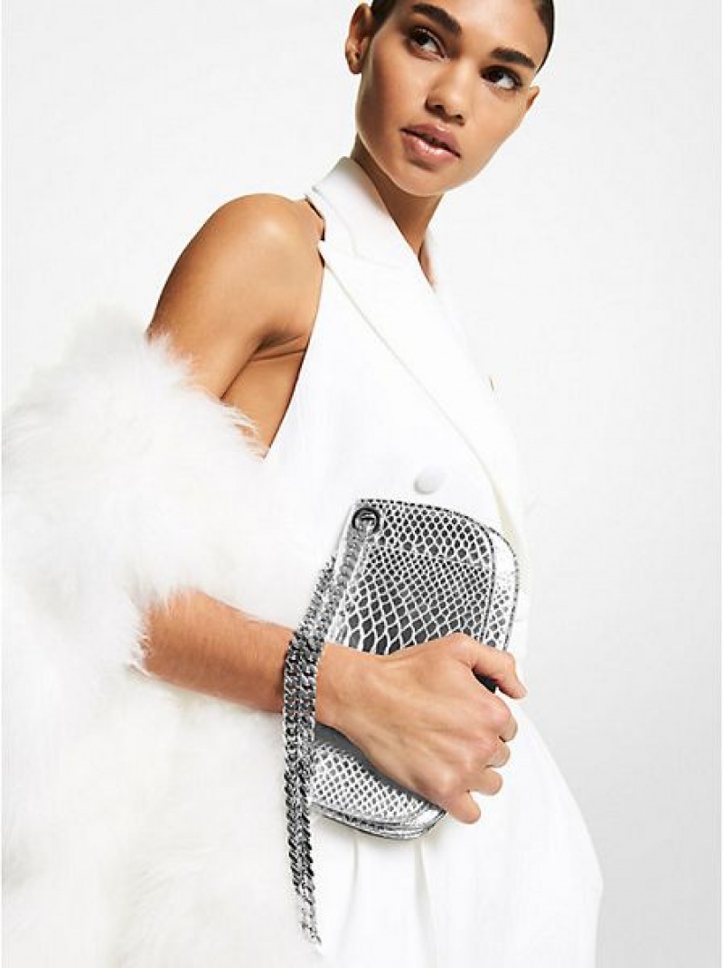 Mini Sacs Michael Kors Christie Metallic Python Embossed Cuir Envelope Femme Argent | 258741-KVP