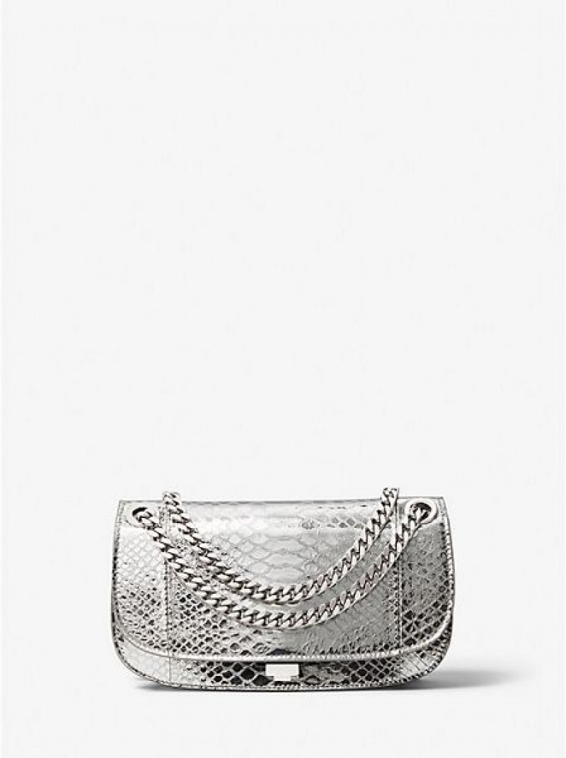 Mini Sacs Michael Kors Christie Metallic Python Embossed Cuir Envelope Femme Argent | 258741-KVP