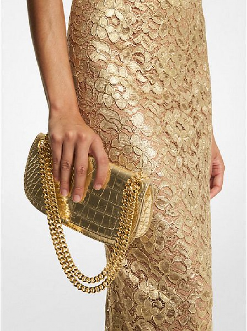 Mini Sacs Michael Kors Christie Metallic Crocodile Embossed Cuir Envelope Femme Doré | 978315-GIQ