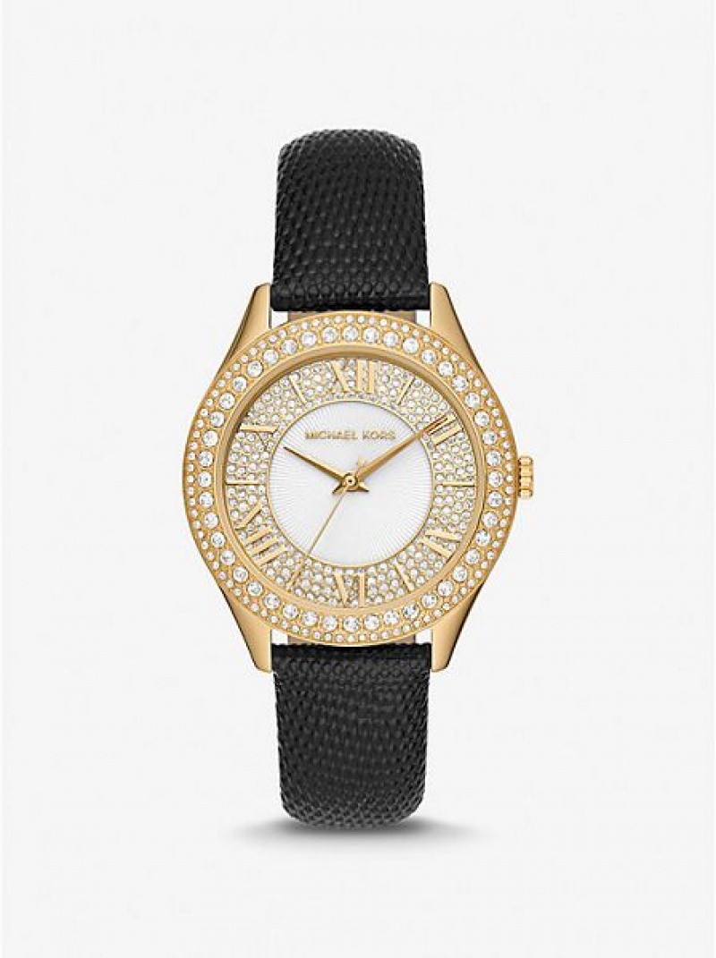 Montre Michael Kors Harlowe Pave And Lizard Embossed Cuir Brides Femme Doré | 587634-MXV