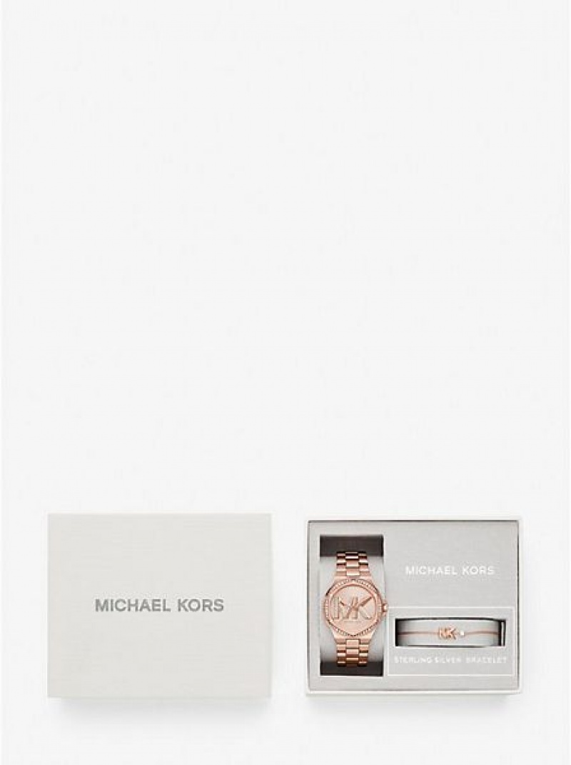 Montre Michael Kors Lennox Pave Logo Femme Rose Doré | 346015-HZP