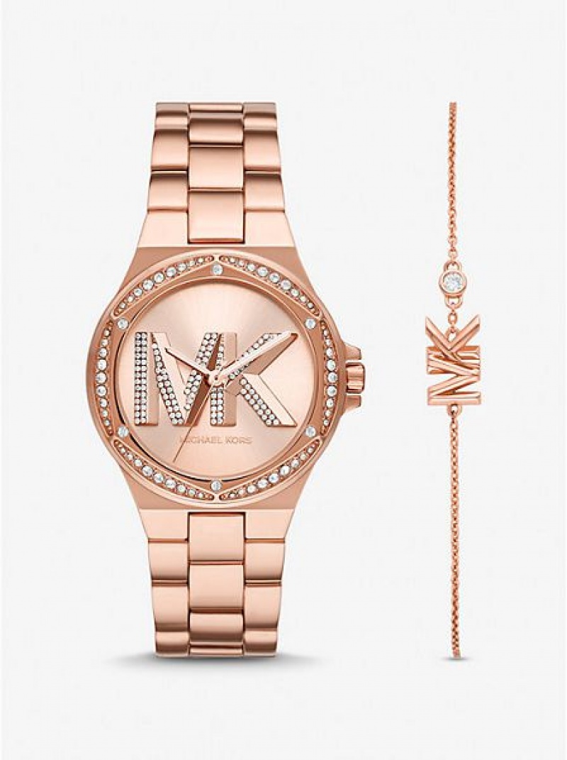 Montre Michael Kors Lennox Pave Logo Femme Rose Doré | 346015-HZP