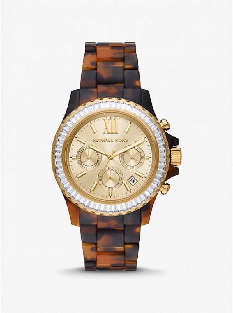 Montre Michael Kors Oversized Everest Pave And Tortoiseshell Bio-based Acetate Femme Doré | 245863-BHM