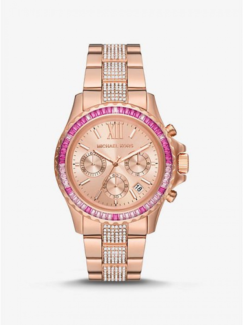 Montre Michael Kors Oversized Everest Pave Femme Rose Doré | 075648-MZK