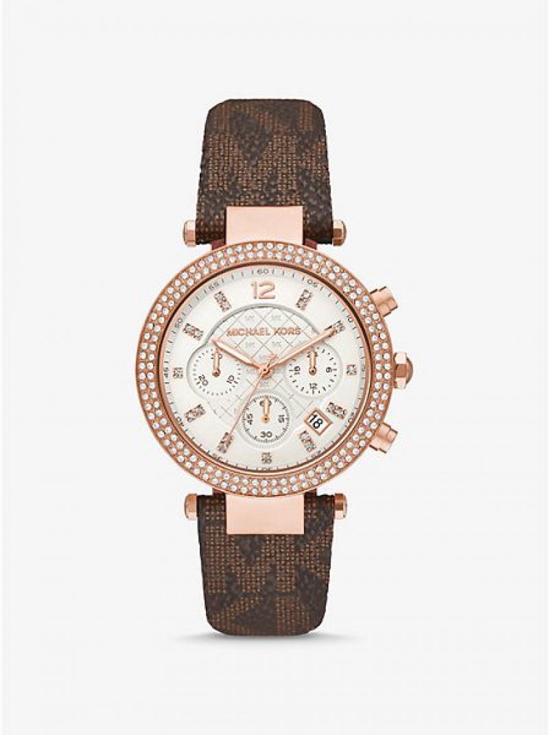 Montre Michael Kors Oversized Parker Pave And Logo Femme Rose Doré | 703928-QIJ