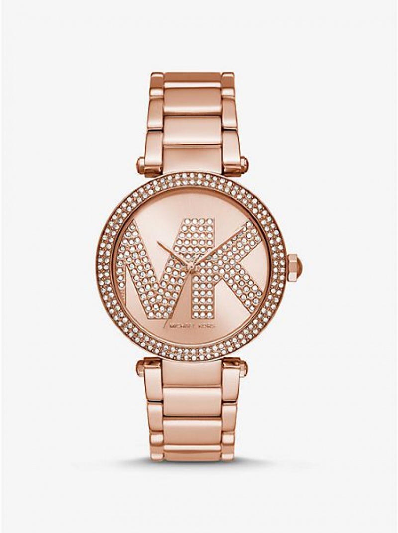 Montre Michael Kors Oversized Pave Logo Femme Rose Doré | 369527-AKS