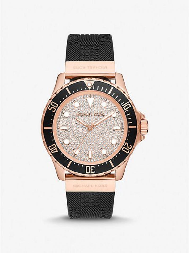 Montre Michael Kors Oversized Slim Everest Pave And Embossed Silicone Femme Noir Rose Doré | 359461-JAG