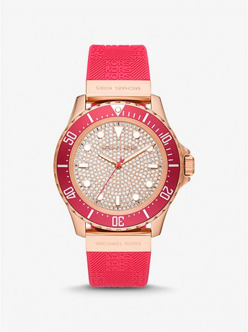 Montre Michael Kors Oversized Slim Everest Pave And Embossed Silicone Femme Rouge Rose Doré | 234897-MUR