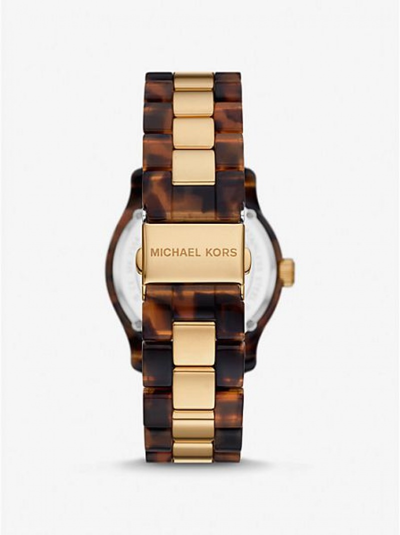 Montre Michael Kors Runway And Tortoiseshell Acetate Femme Doré | 415603-WGV