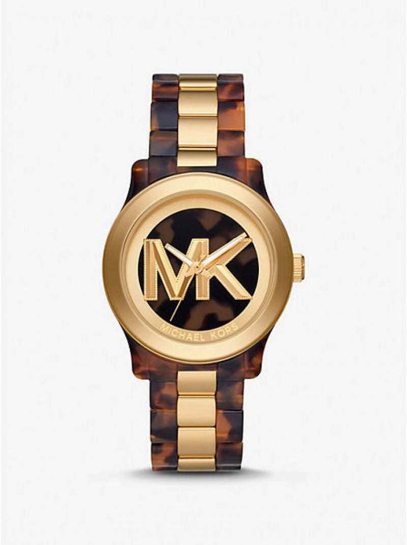 Montre Michael Kors Runway And Tortoiseshell Acetate Femme Doré | 415603-WGV