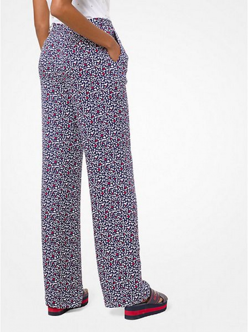 Pantalon Michael Kors Heart-print Silk-georgette Pajama Femme Blanche Bleu Marine | 321960-HNK