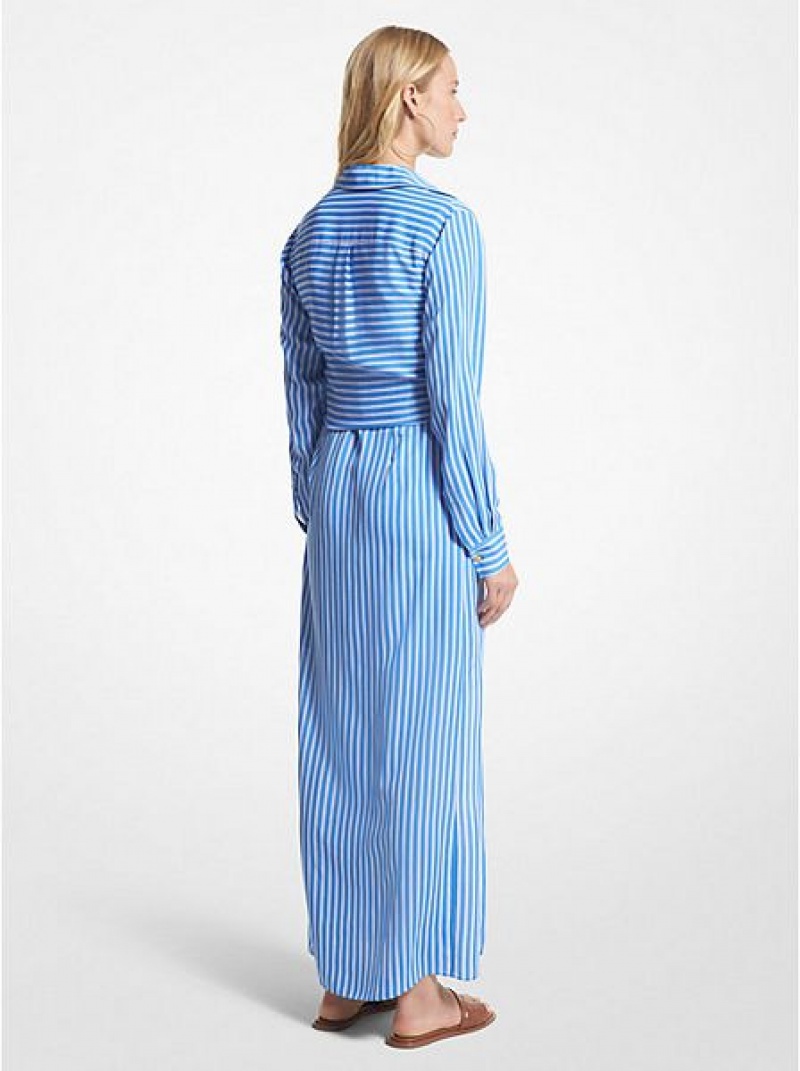 Pantalon Michael Kors Rayé Georgette Tie-front Shirtdress Femme Bleu | 897341-ANR