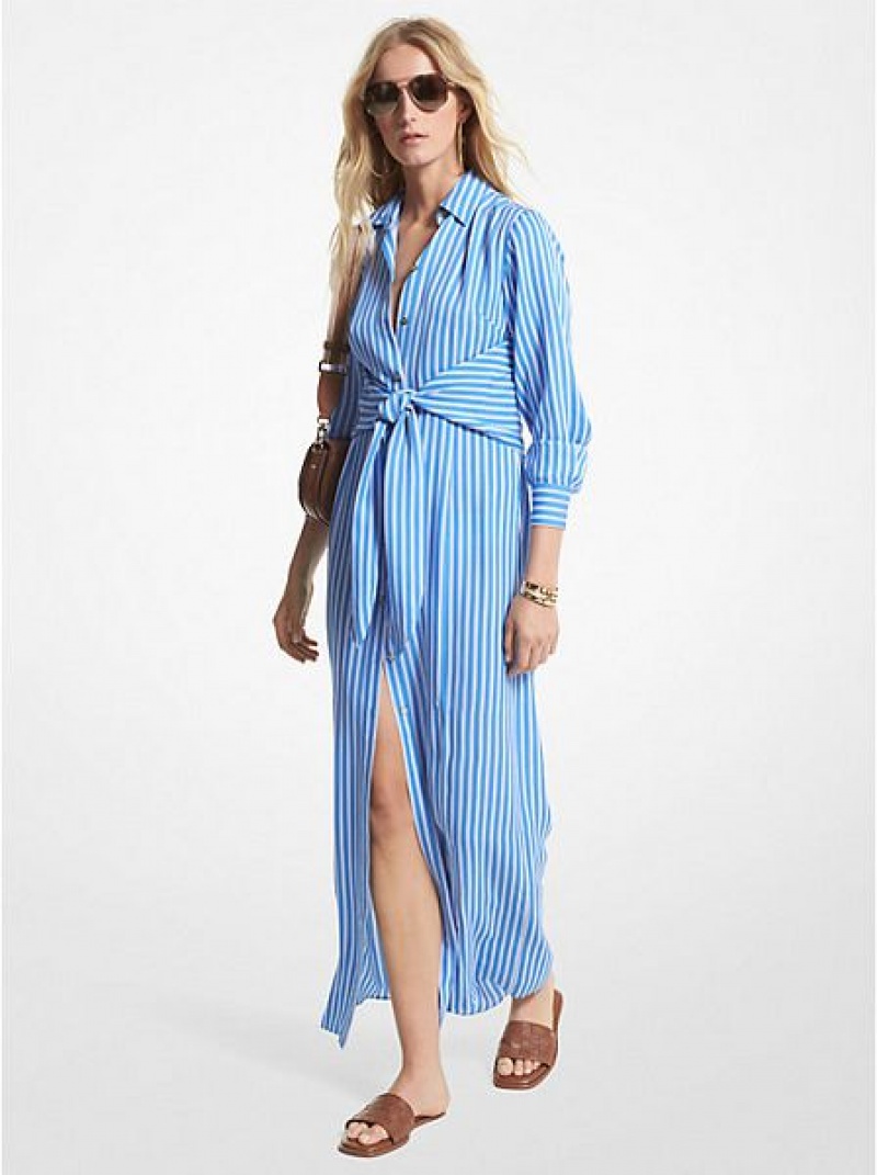 Pantalon Michael Kors Rayé Georgette Tie-front Shirtdress Femme Bleu | 897341-ANR