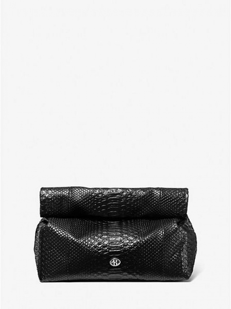 Pochettes Michael Kors Monogramme Python Embossed Cuir Lunch Box Femme Noir | 956382-CLD