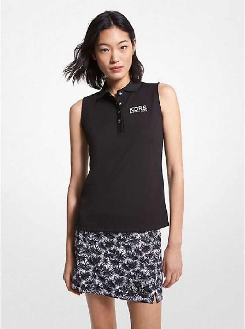 Polos Michael Kors Golf Logo Pique Sans Manches Femme Noir | 506984-AKP