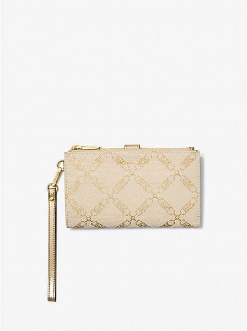 Portefeuilles Michael Kors Adele Metallic Empire Logo Jacquard Smartphone Femme Doré Beige | 019354-VTZ