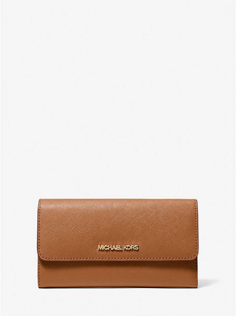 Portefeuilles Michael Kors Jet Set Travel Crossgrain Cuir Tri-fold Femme Marron | 621940-AEM