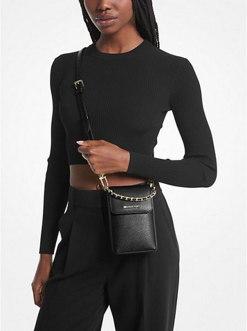 Sacs Crossbody Michael Kors Jet Set Small Pebbled Cuir Chain-link Smartphone Femme Noir | 038459-WPD