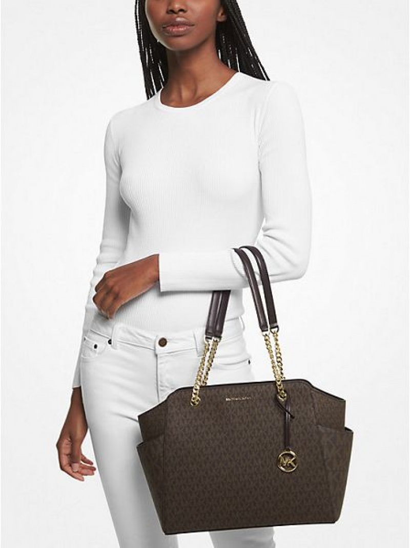 Sacs Fourre Tout Michael Kors Jacquelyn Medium Logo Femme Chocolat | 890576-AZW