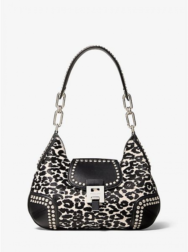 Sacs À Bandoulière Michael Kors Bancroft Medium Leopard Calf Hair And Studded Cuir Femme Blanche | 653019-VQW