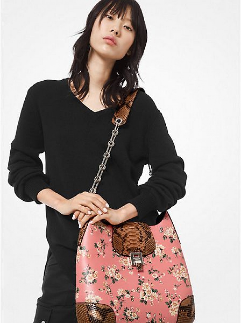 Sacs À Bandoulière Michael Kors Bancroft Oversized Floral Calf Cuir And Python Femme Rose Marron | 763981-RBV