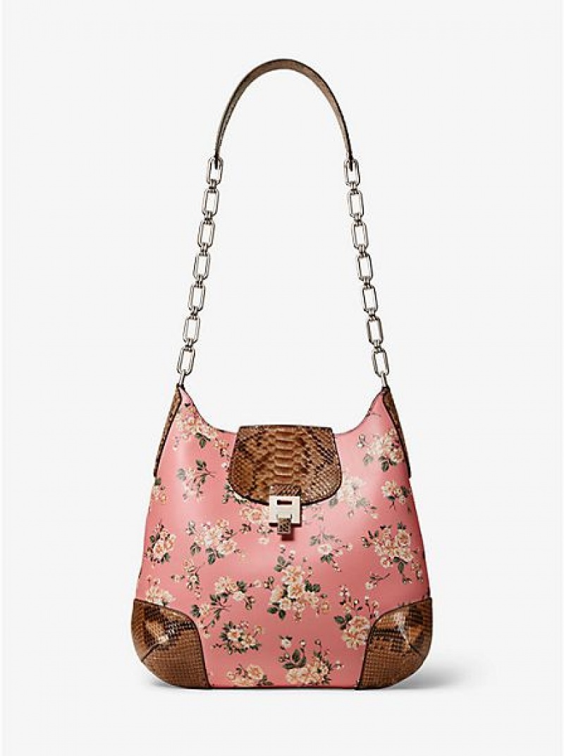 Sacs À Bandoulière Michael Kors Bancroft Oversized Floral Calf Cuir And Python Femme Rose Marron | 763981-RBV