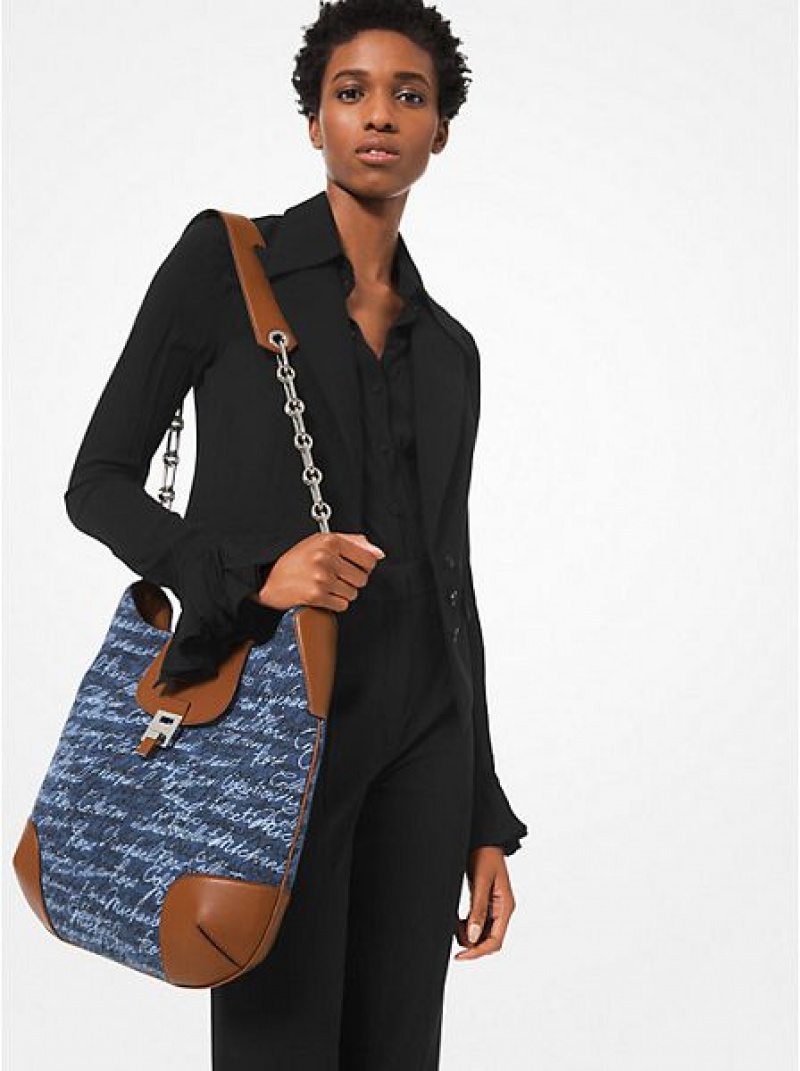 Sacs À Bandoulière Michael Kors Bancroft Oversized Signature Print Denim Femme Bleu | 149807-MNV