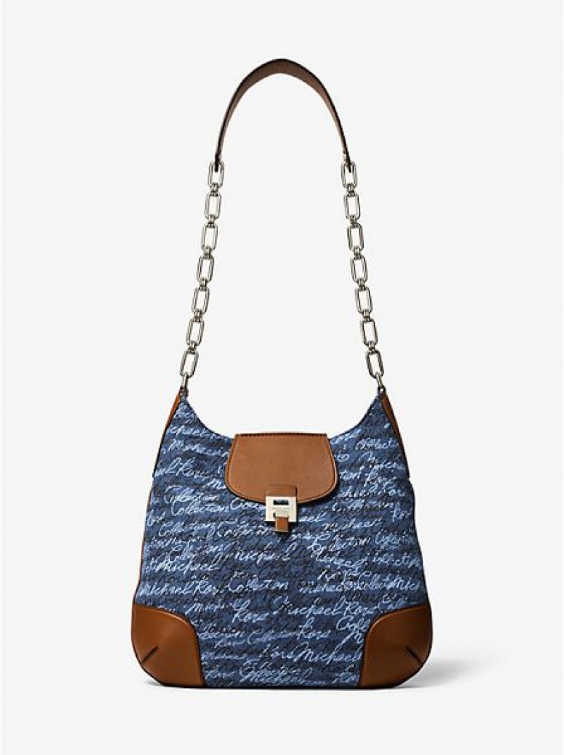 Sacs À Bandoulière Michael Kors Bancroft Oversized Signature Print Denim Femme Bleu | 149807-MNV