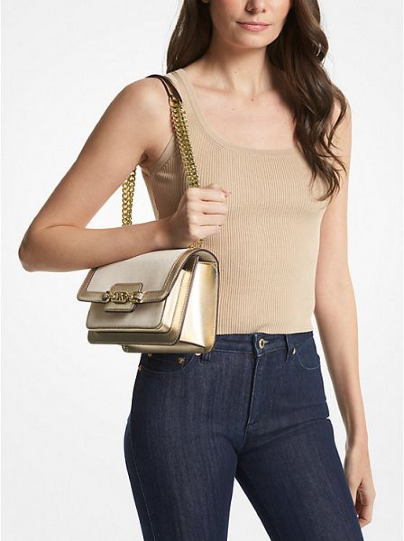 Sacs À Bandoulière Michael Kors Heather Large Tela And Metallic Faux Cuir Femme Doré Beige | 072349-RBV