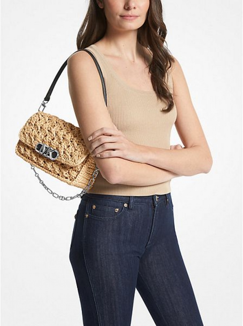 Sacs À Bandoulière Michael Kors Parker Medium Woven Straw Femme Beige Noir | 932645-JTG