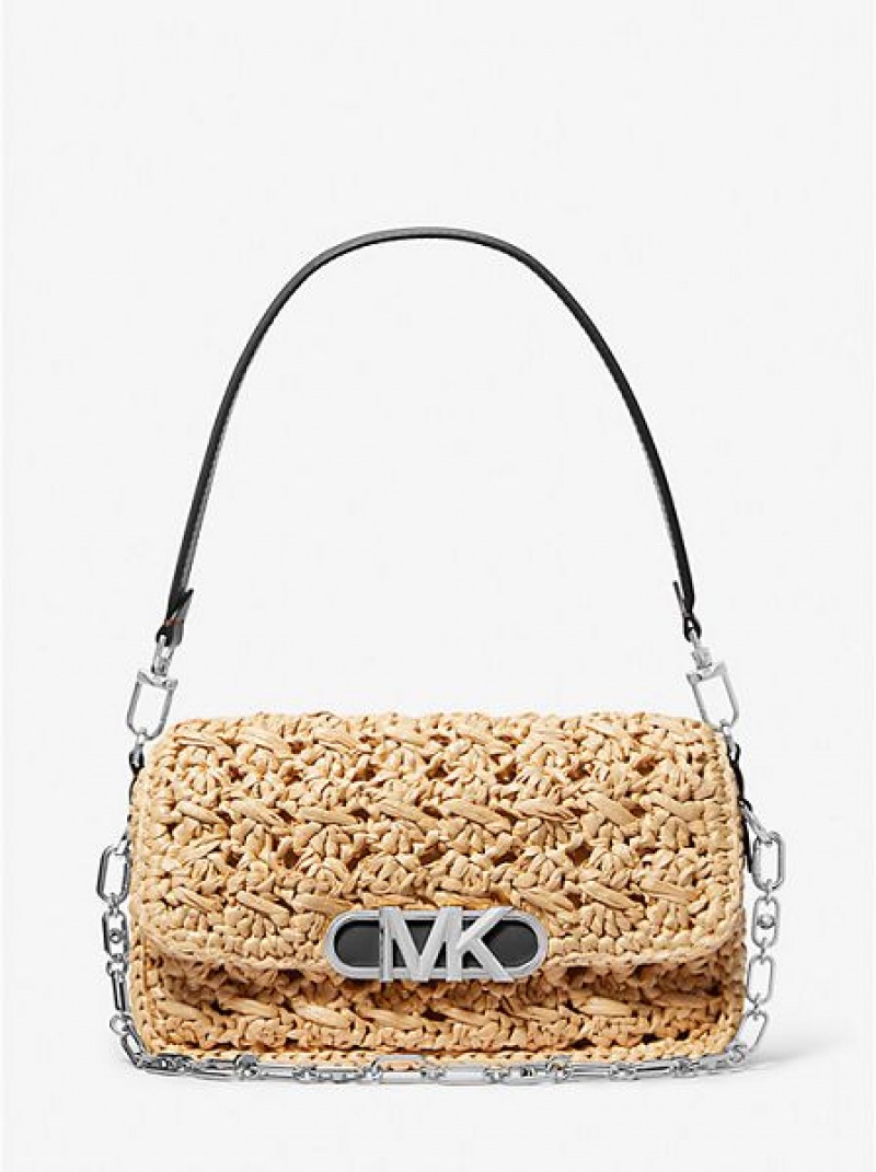 Sacs À Bandoulière Michael Kors Parker Medium Woven Straw Femme Beige Noir | 932645-JTG