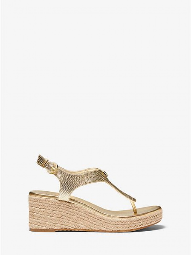 Sandale Compensée Michael Kors Laney Metallic Lizard-embossed Cuir Espadrillas Femme Doré | 850741-VBS