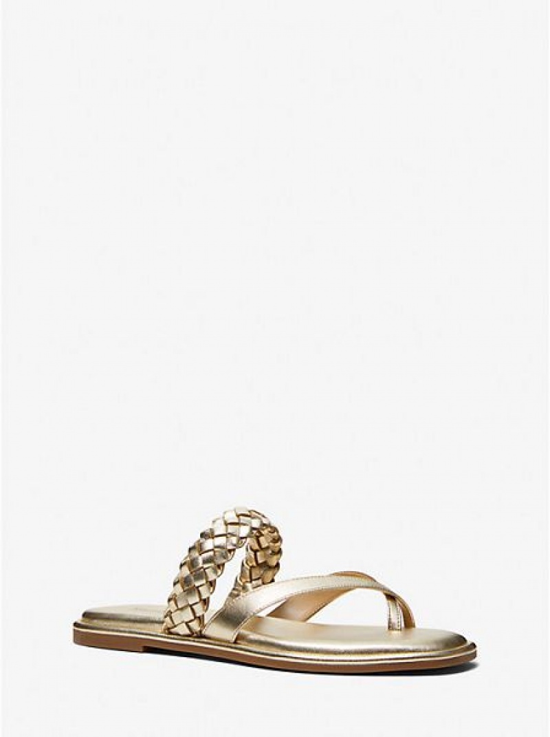 Sandale Michael Kors Alba Braided Metallic Faux Cuir Claquette Femme Doré | 052697-XTI