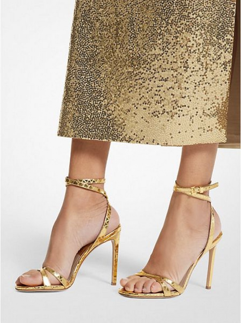 Sandale Michael Kors Chrissy Metallic Python Embossed Cuir Femme Doré | 104658-MLK