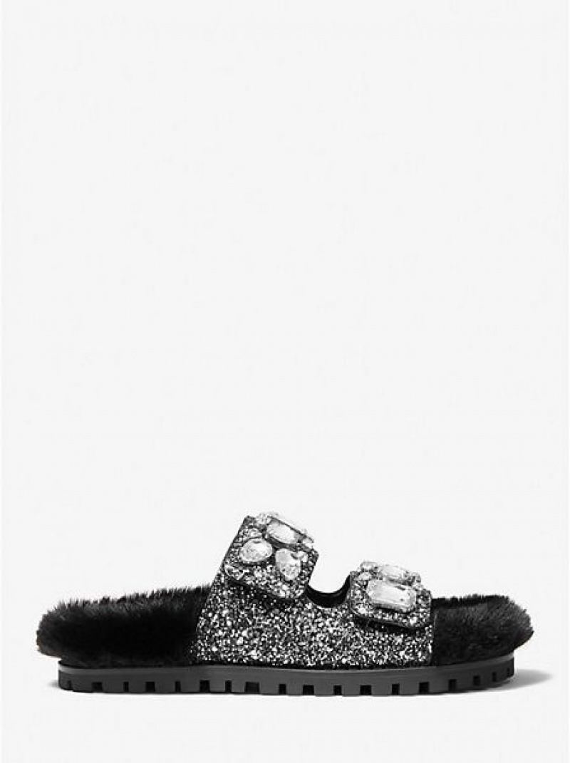 Sandales À Glissière Michael Kors Stark Embellished Glitter And Faux Fur Femme Noir Argent | 715693-ROU