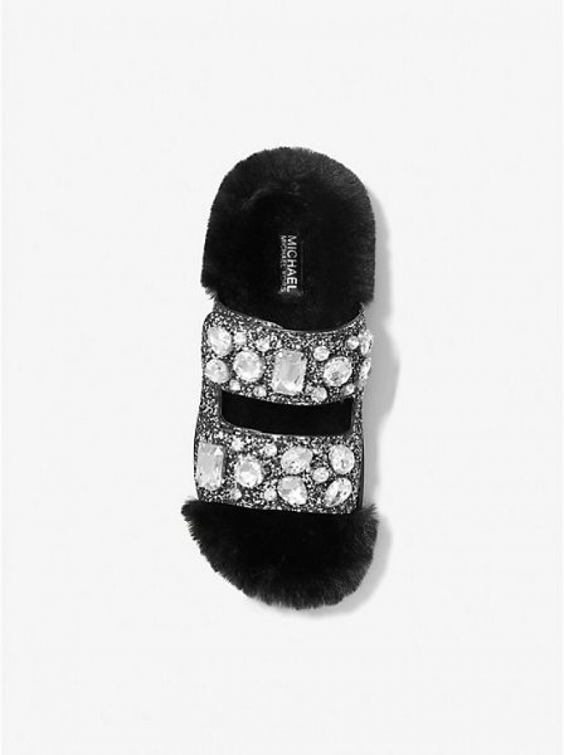 Sandales À Glissière Michael Kors Stark Embellished Glitter And Faux Fur Femme Noir Argent | 715693-ROU