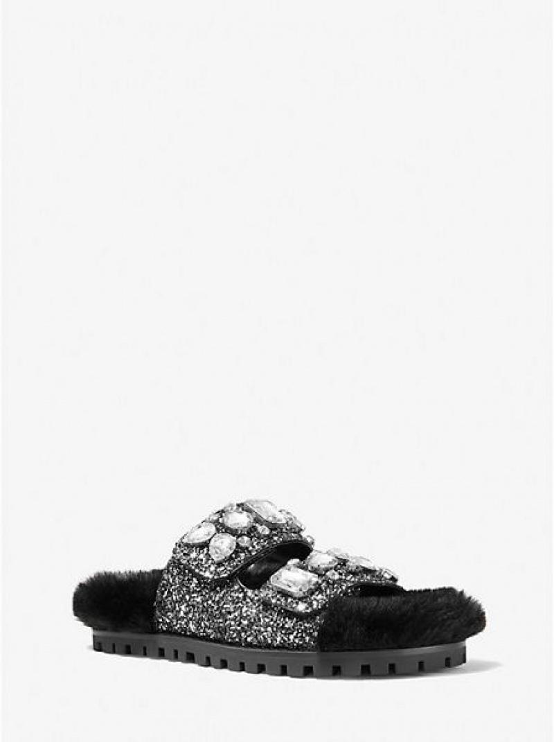 Sandales À Glissière Michael Kors Stark Embellished Glitter And Faux Fur Femme Noir Argent | 715693-ROU