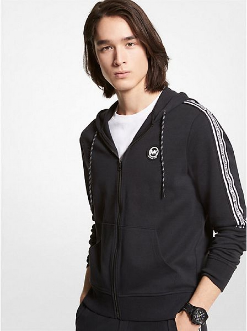 Sweat À Capuche Michael Kors Logo Tape Coton Blend Zip-up Homme Noir | 197436-ZIB